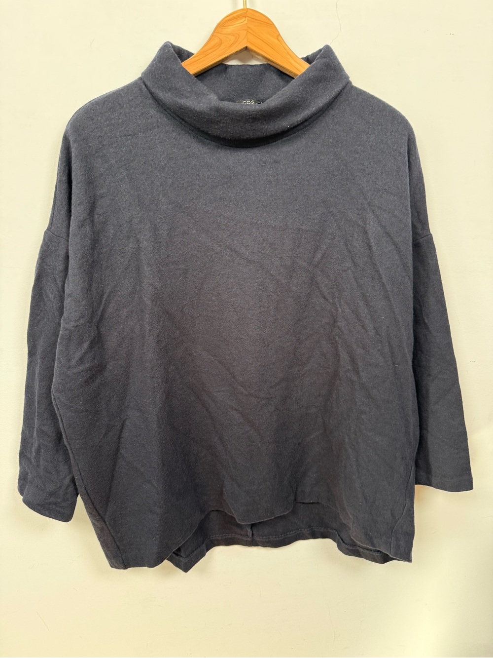 COS Navy Blue Wool Cotton Funnel Neck Boxy Sweater Size L